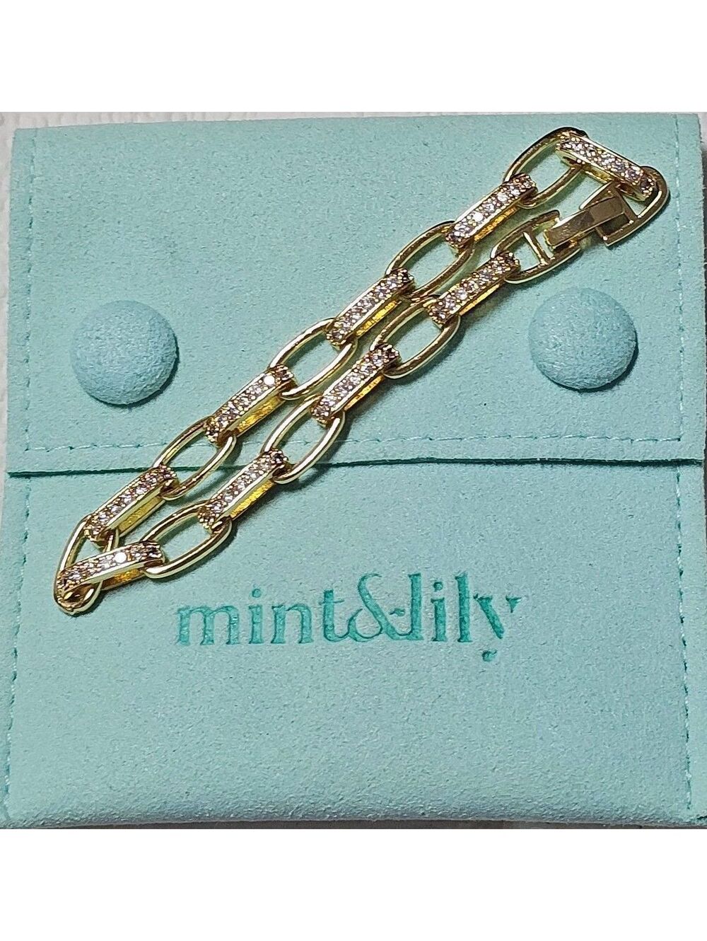 Mint & Lily Diamond‑Like Paperclip Bracelet 18k GP Preowned Unused w/ Pouch